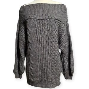 EUC FREE PEOPLE COZY CABLE OFF-SHOULDER CHARCOAL GREY OVERSIZED SWEATER SZ XS